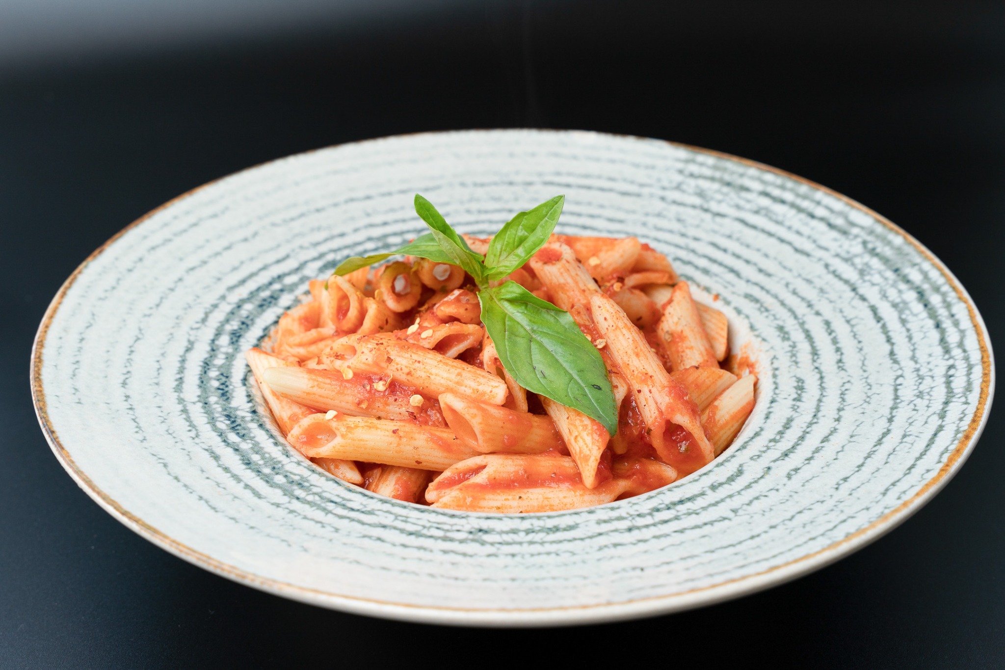 Penne pasta with tomato sauce and fresh basil on a ceramic plate, photographed by Cristian Muntean