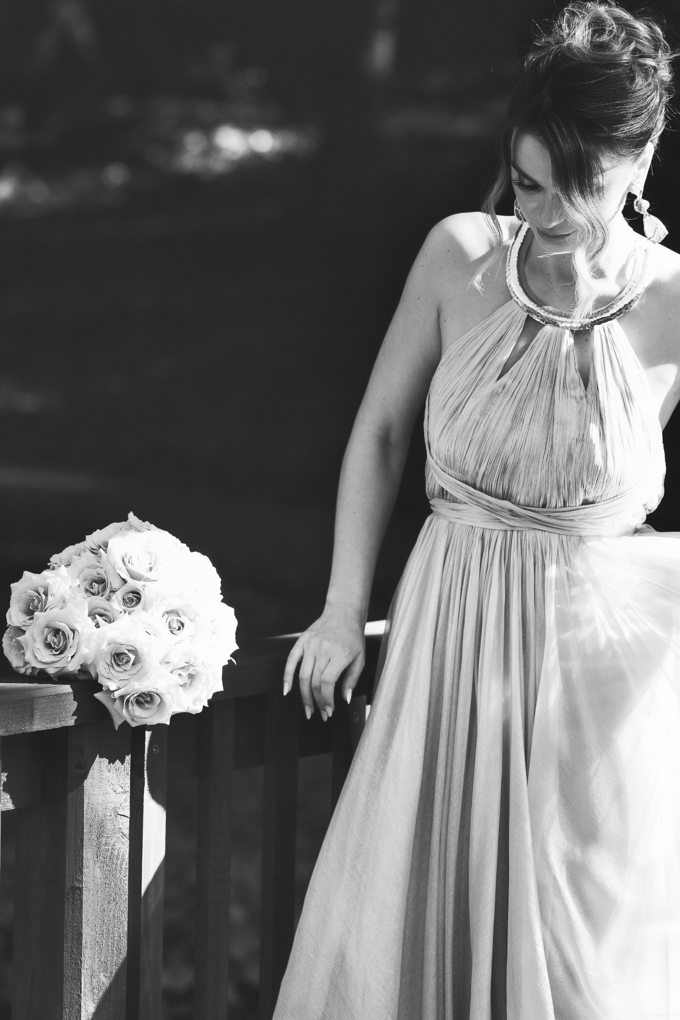 Black-and-white bridal portrait with bouquet