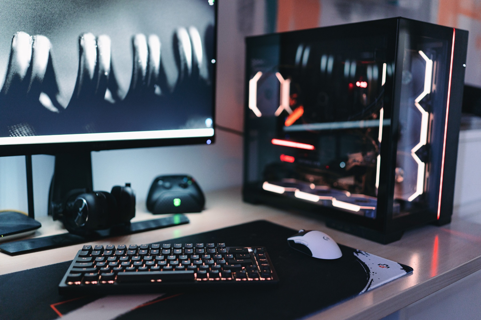Illuminated desktop computer and peripherals in a commercial setup